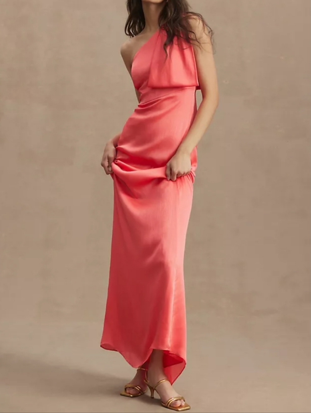 Anthro Sachin & Babi Chelsea One-Shoulder Georgette Bias Gown Coral Pink Peach